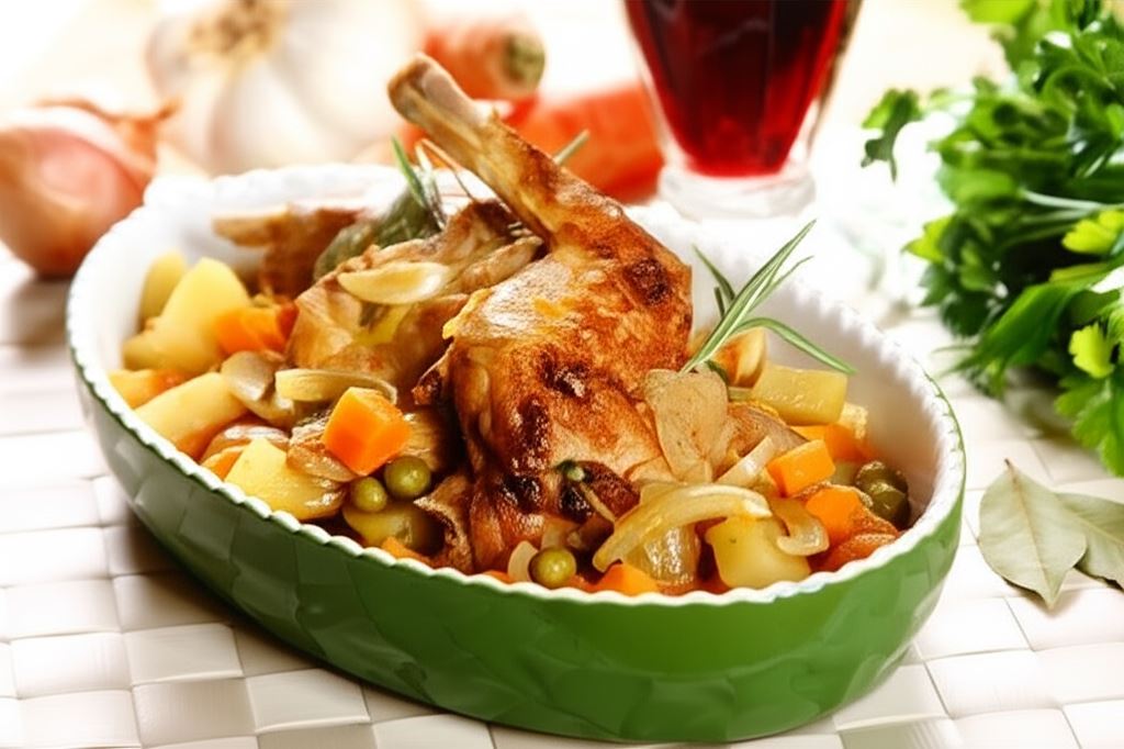 Królik z warzywami duszony w czerwonym winie