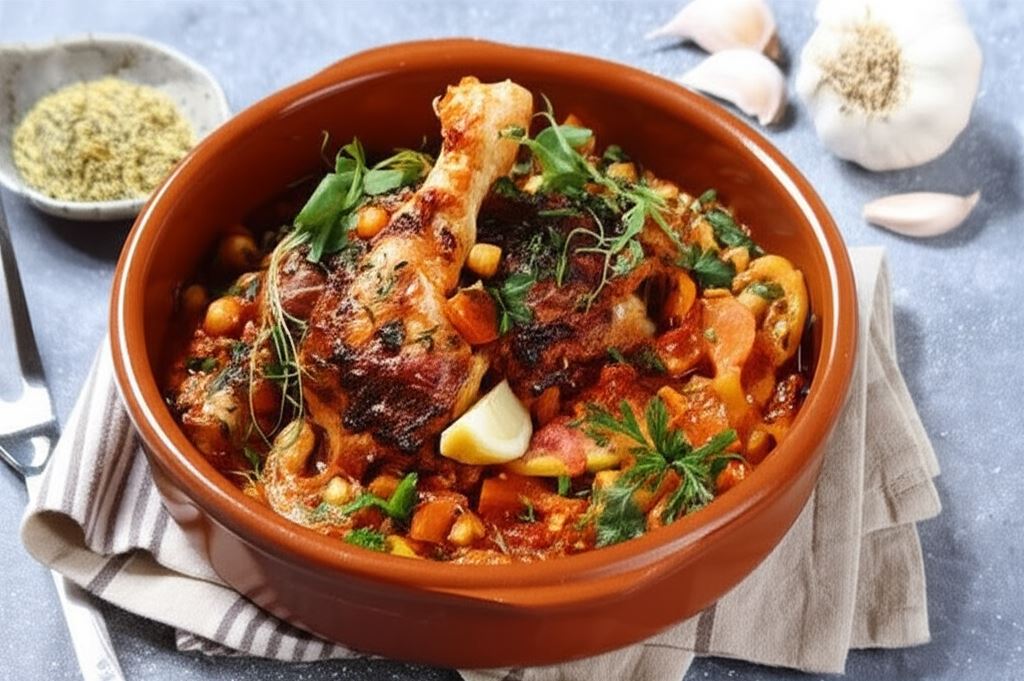 Kurczak cytrynowo-czosnkowy duszony na cieciorce i pomidorach