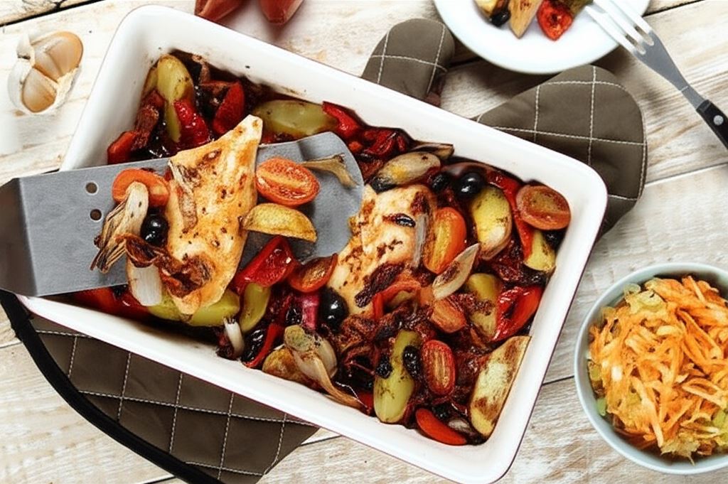 Kurczak pieczony z warzywami i surówka z pora