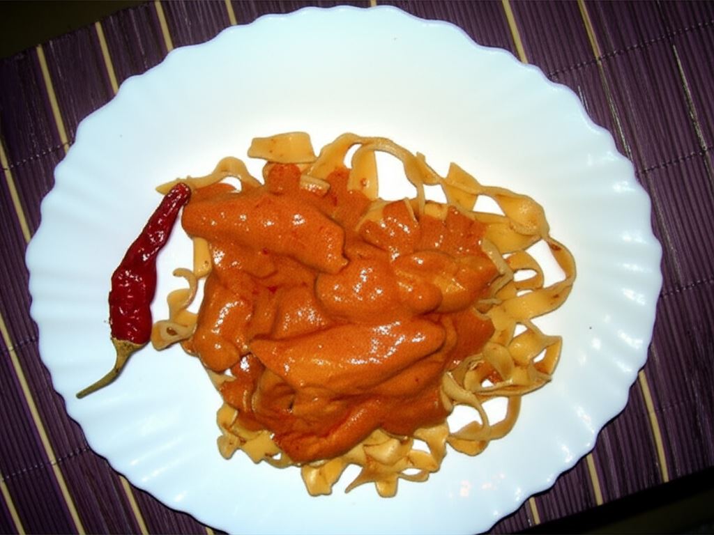 Kurczak w aksamitnym pomidorowym sosie podany na tagiatelle z chili