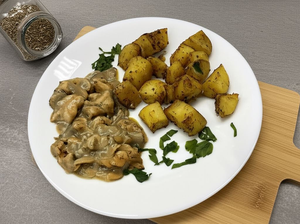 Kurczak w sosie pieczarkowym z pieczonymi ziemniakami