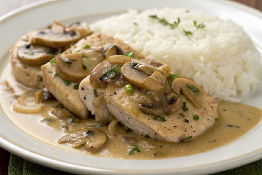 Kurczak w sosie śmietanowo pieczarkowym z ryżem