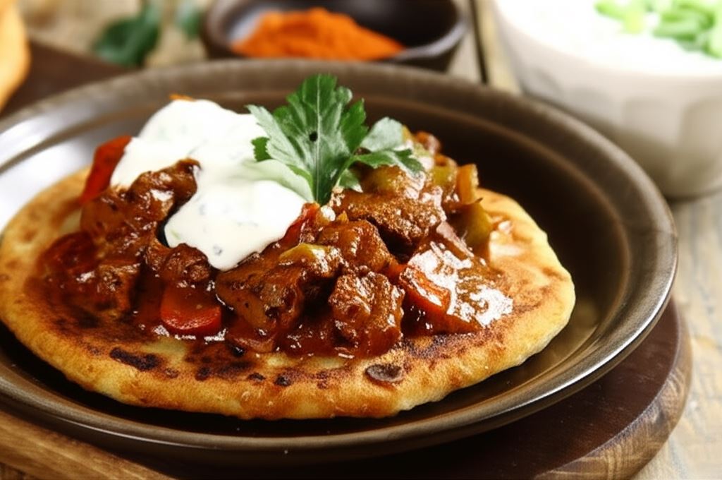 Langosz z gulaszem wołowym