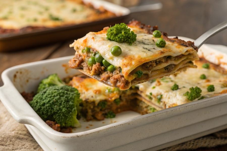 lasagne z brokulami i groszkiem bez beszamelu