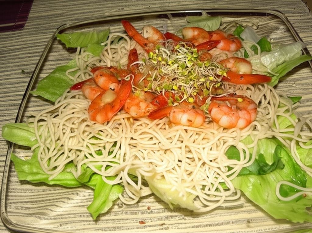 Limonkowe krewetki z chińskim makaronem na sałacie
