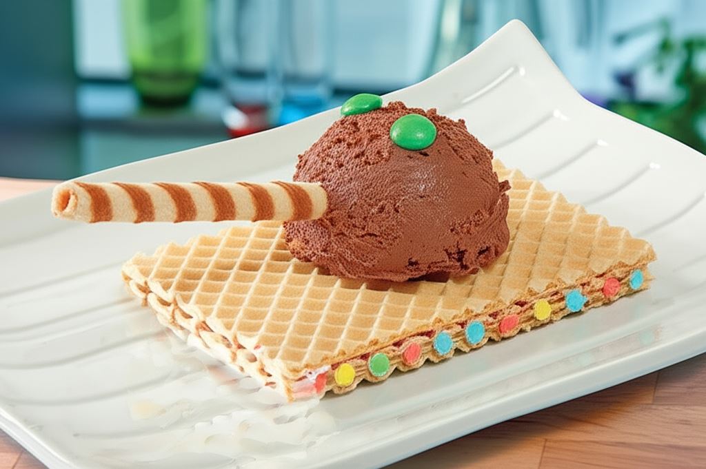 Lody czekoladowe podawane na wafelku 'Czołg'