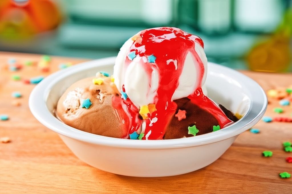 Lody dla dzieci z polewą malinową 'Wulkan'