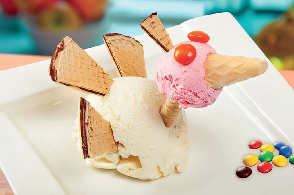 Lody waniliowe i truskawkowe z wafelkami 'Paw'