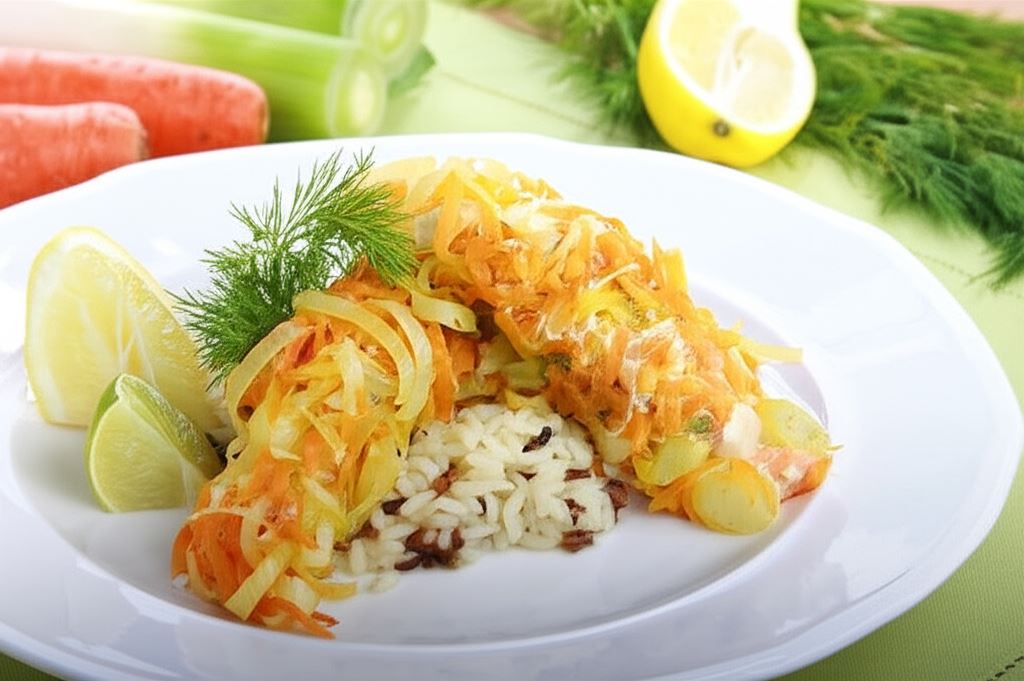 Łosoś gotowany na parze w warzywach