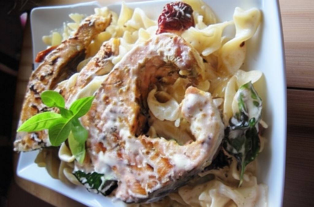 Łosoś grillowany na makaronie w sosie śmietankowym