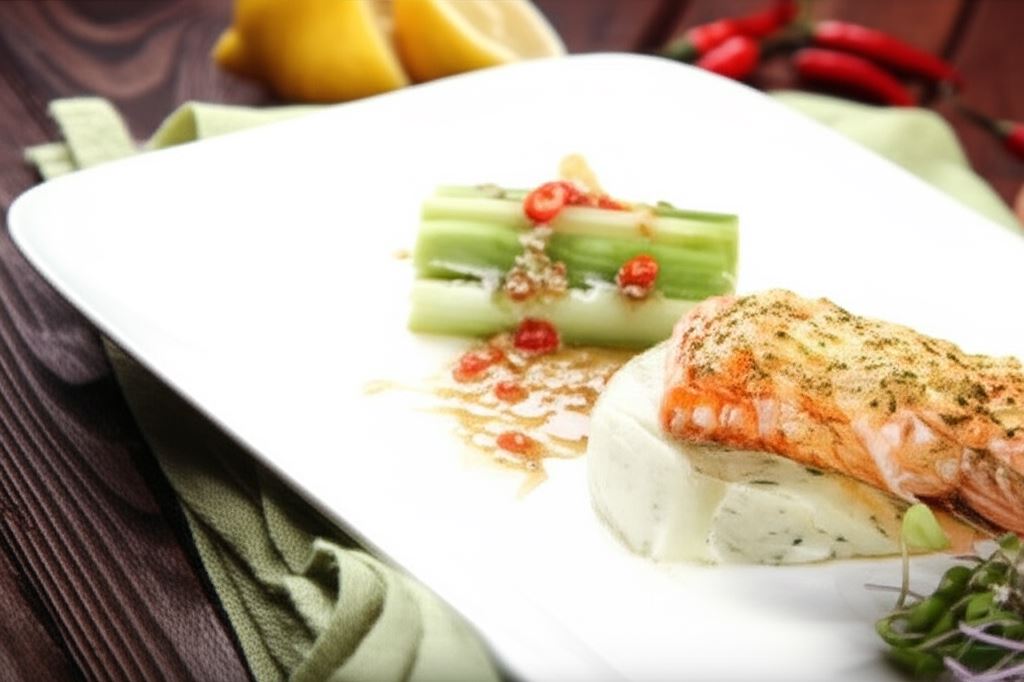 Łosoś na kalafiorowym puree z ogórkiem na ostro