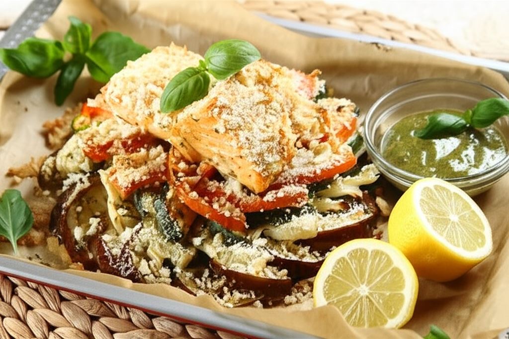 Łosoś pieczony przyprawiony sosem sałatkowym