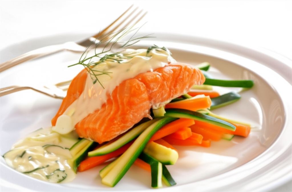 Łosoś pieczony w kremowym sosie z warzywnym spaghetti