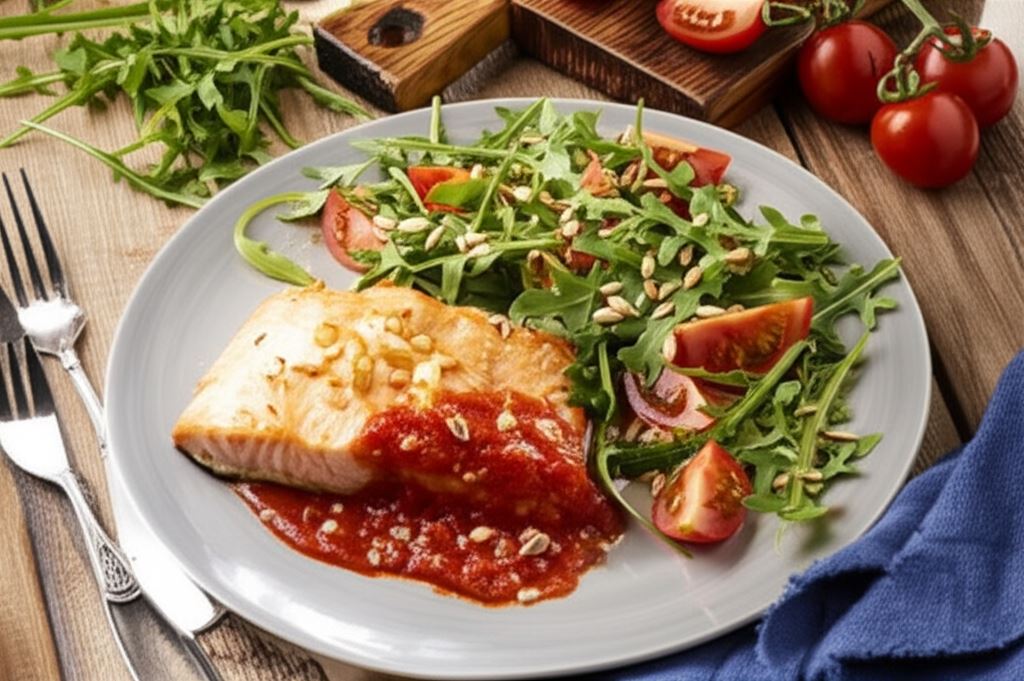 Łosoś pieczony z sosem bolognese