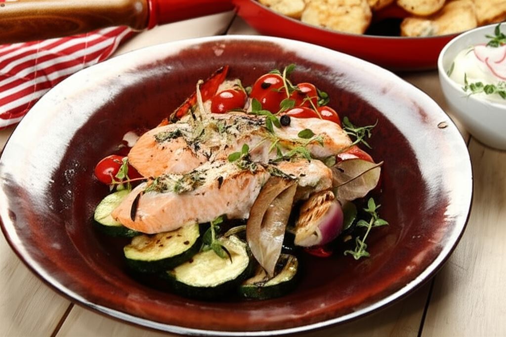 Łosoś pieczony z sosem chrzanowym na grillowanych warzywach