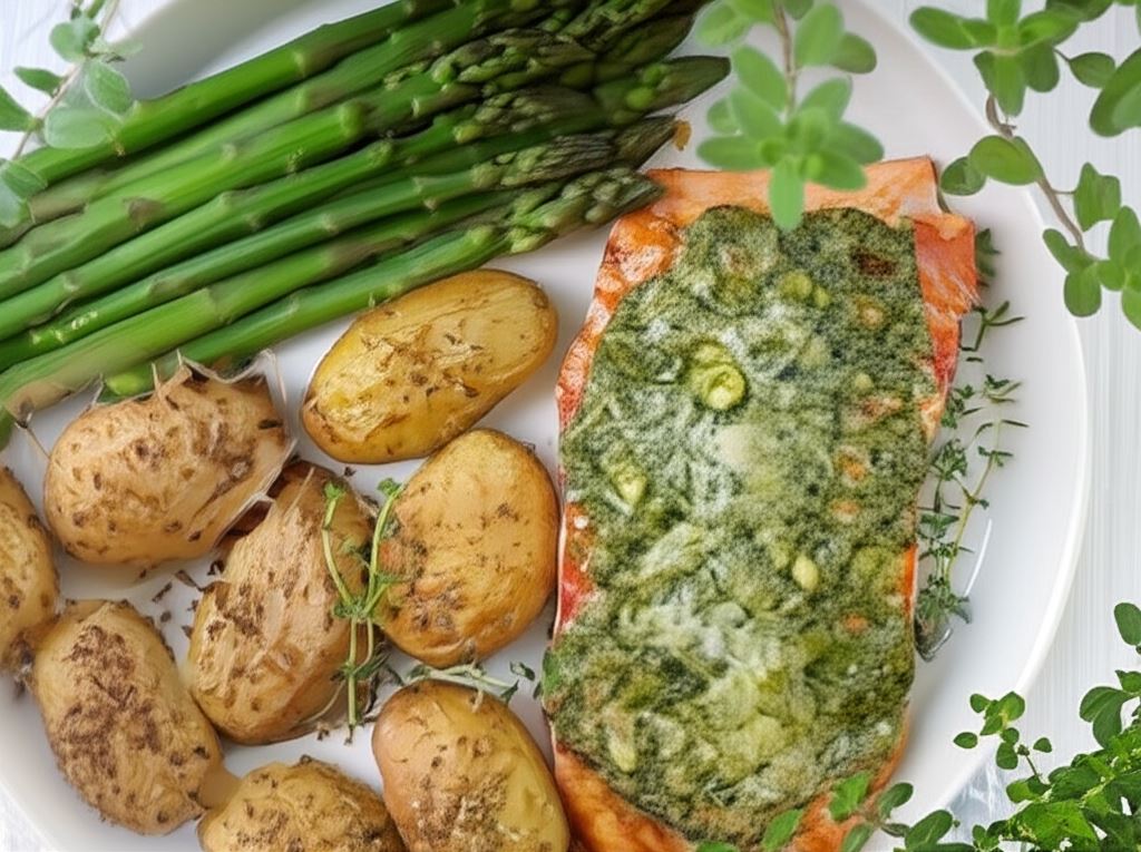 Łosoś pod pesto ze szparagami