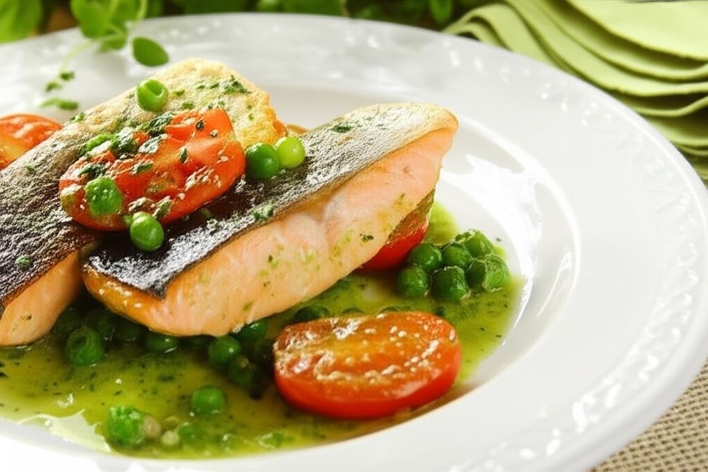 Łosoś w sosie pesto z pomidorkami