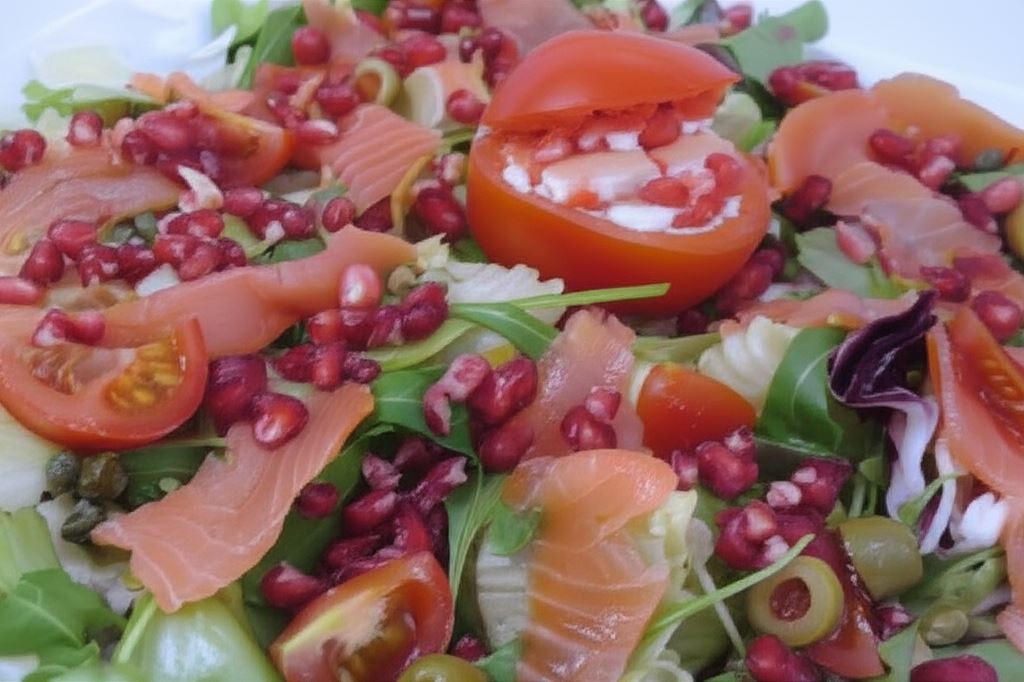 Łosoś wędzony na sałacie z dressingiem z granatu