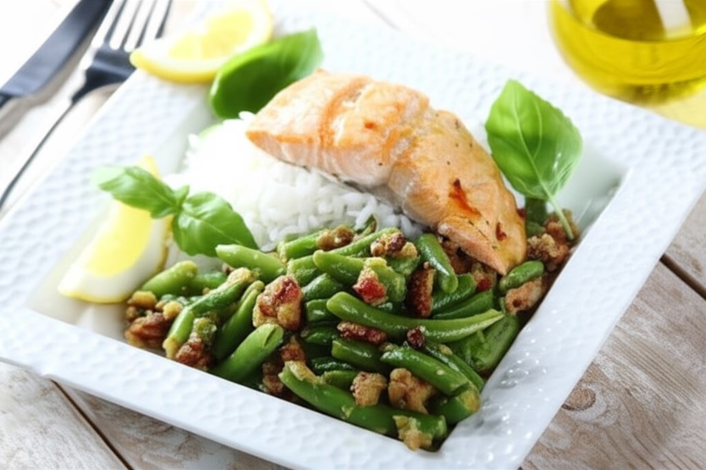 Łosoś z fasolką szparagową