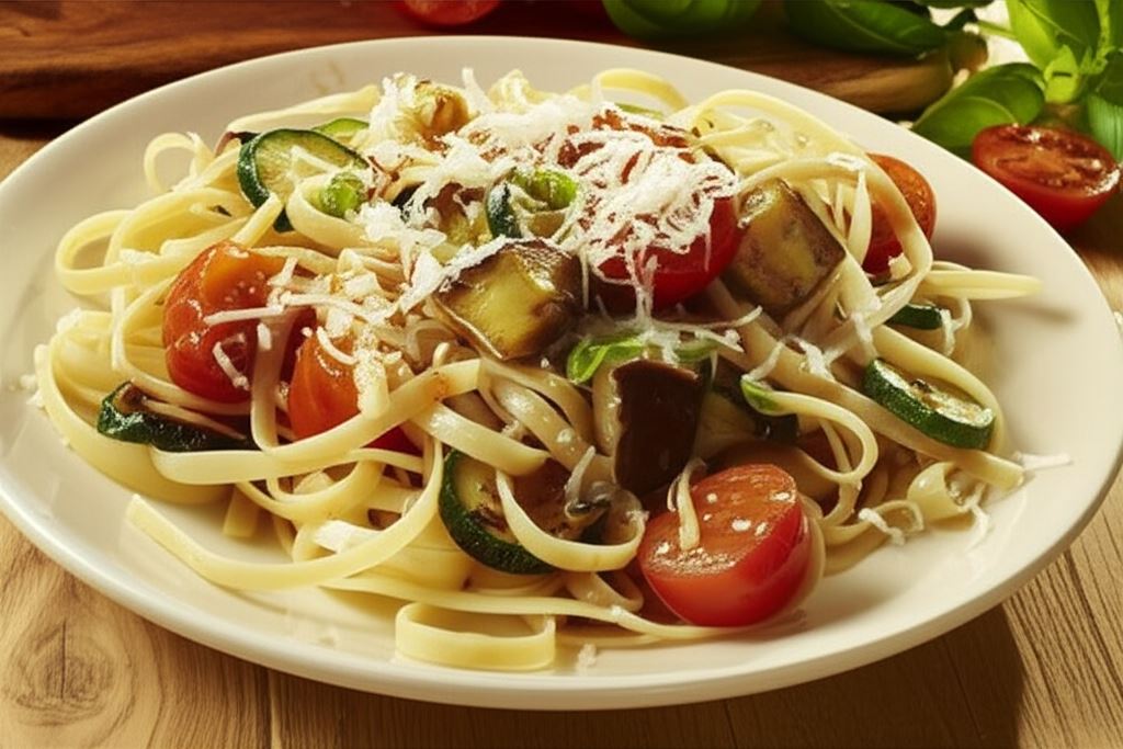 Makaron linguine z pieczonymi warzywami