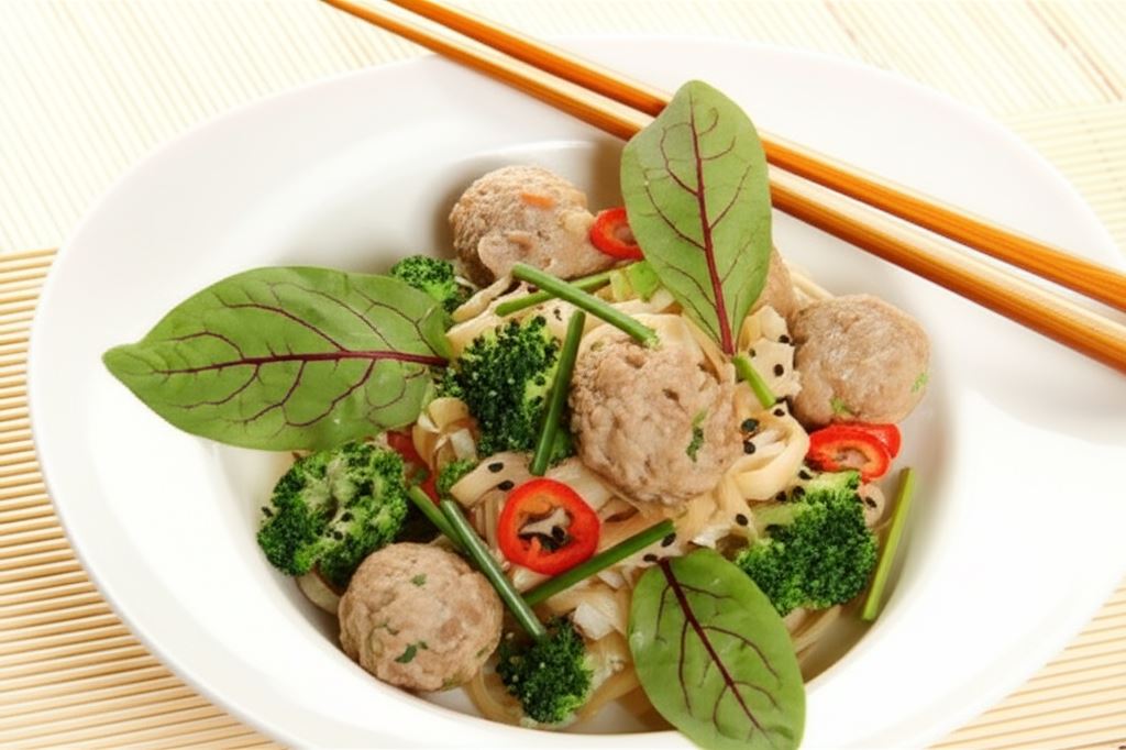 Makaron ryżowy z klopsikami orientalnymi i brokułami