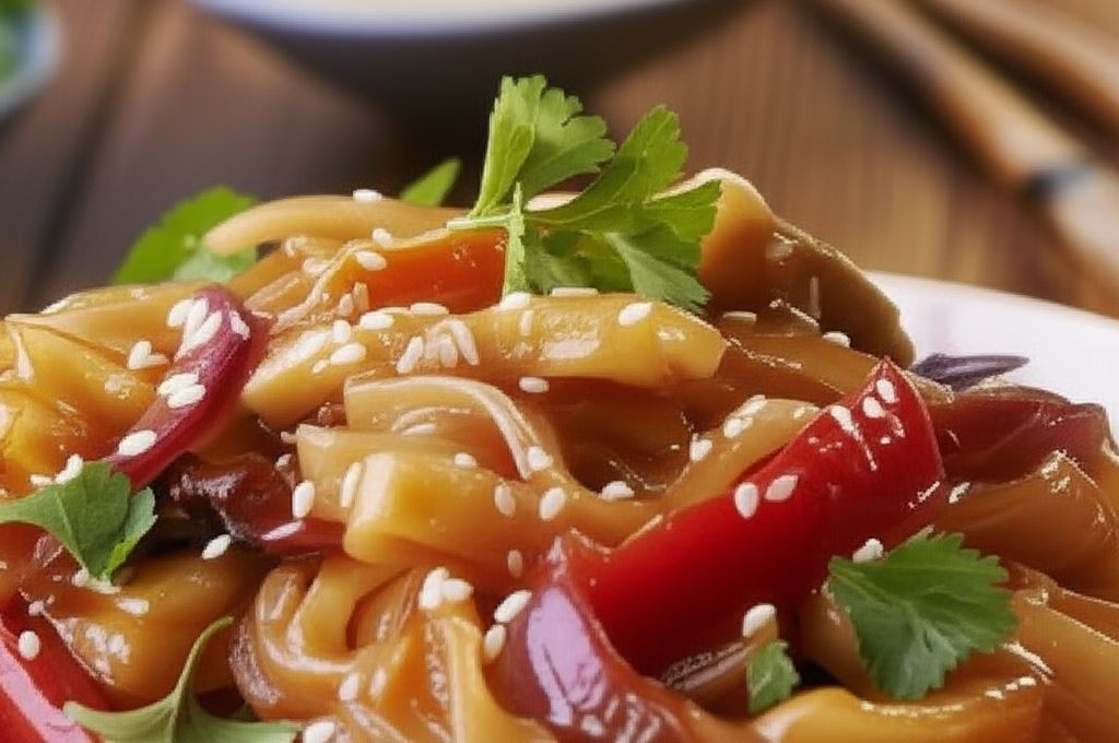 Makaron ryżowy z kurczakiem i sosem słodko kwaśnym