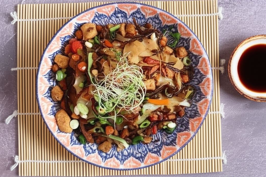 Makaron ryżowy z warzywami i serem tofu po syczuańsku