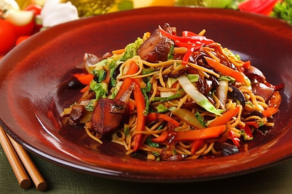 Makaron smażony z kurczakiem i warzywami