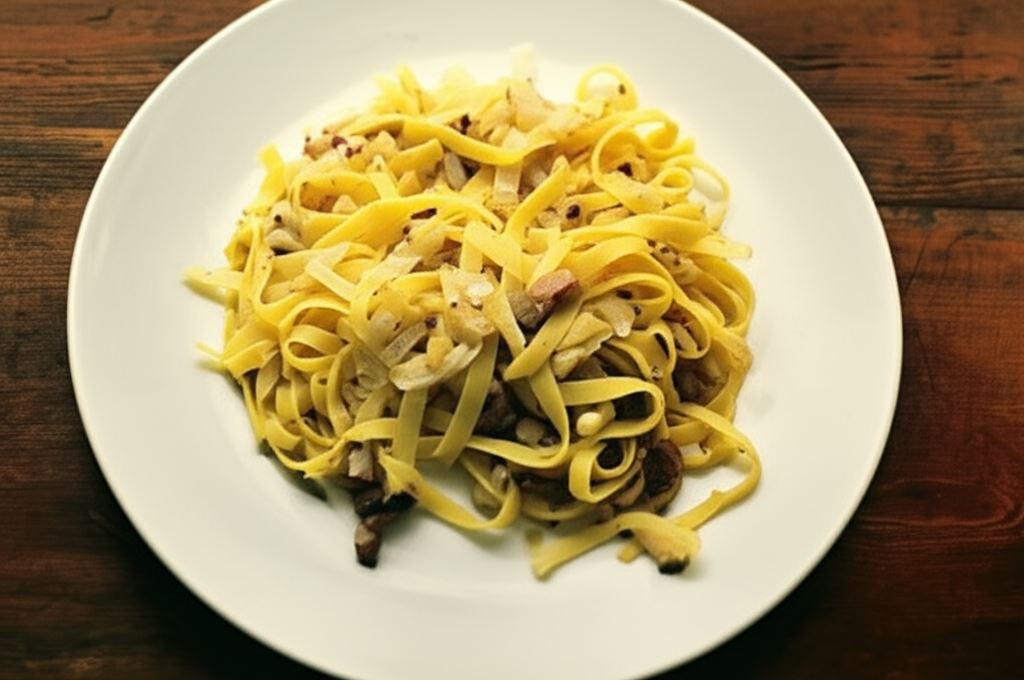 Makaron tagliatelle z duszoną kapusta i wędzonym boczkiem