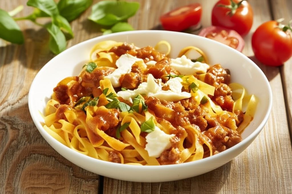 Makaron tagliatelle z sosem bolognese i mozzarellą