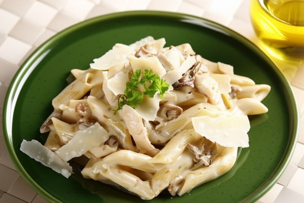 Makaron w sosie pieczarkowym z kurczakiem