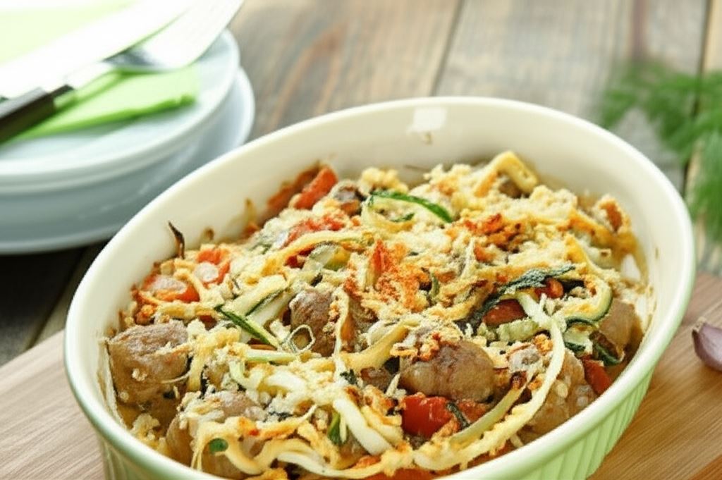 Makaron z cukinii zapiekany z pulpecikami w sosie śmietanowo-koperkowym