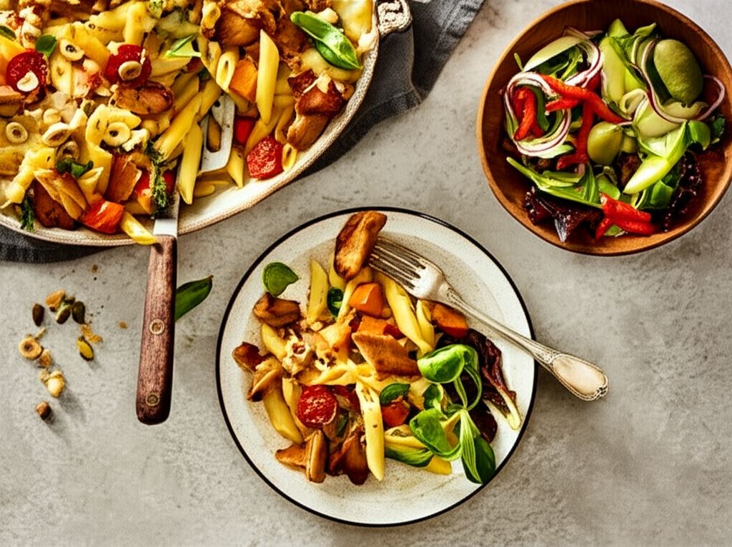 Makaron z kawałkami roślinnego kurczaka