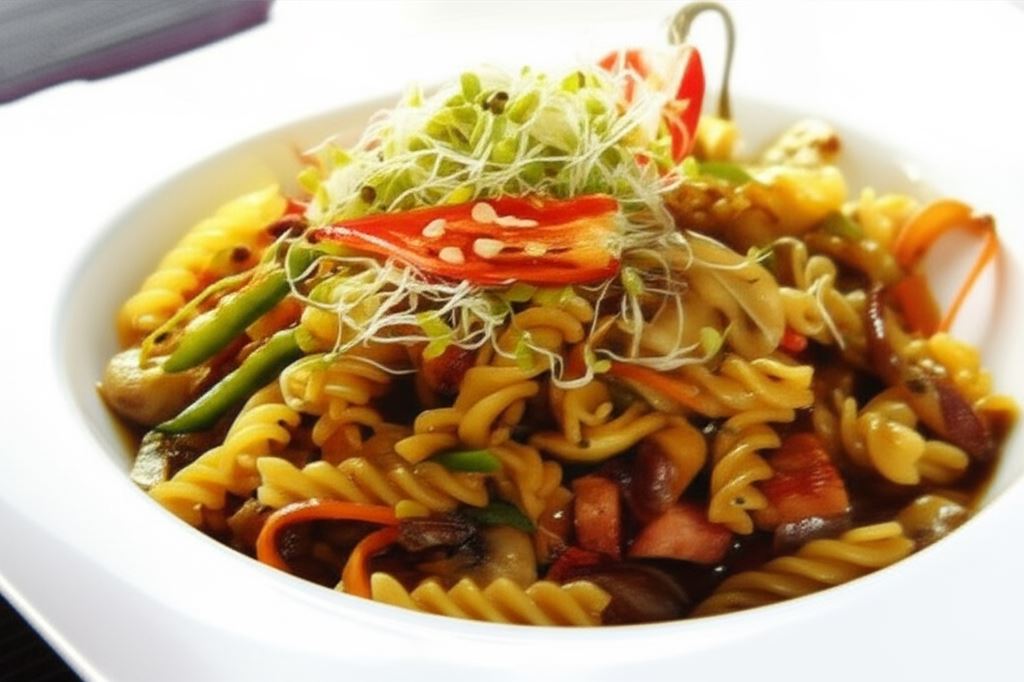 Makaron z kiełbasą i kiełkami