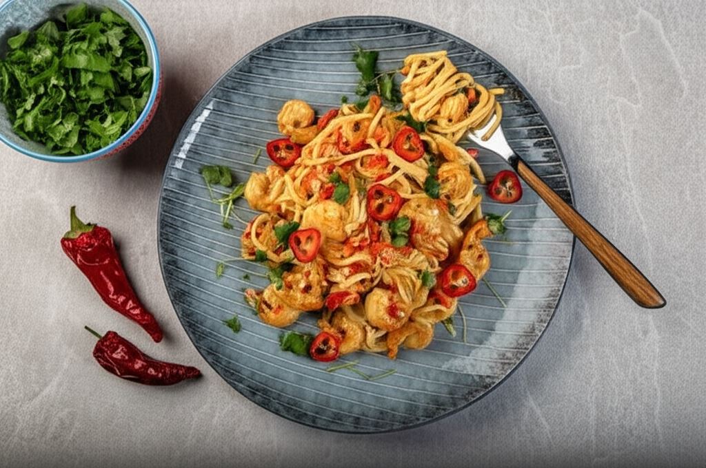 Makaron z krewetkami w sosie paprykowym