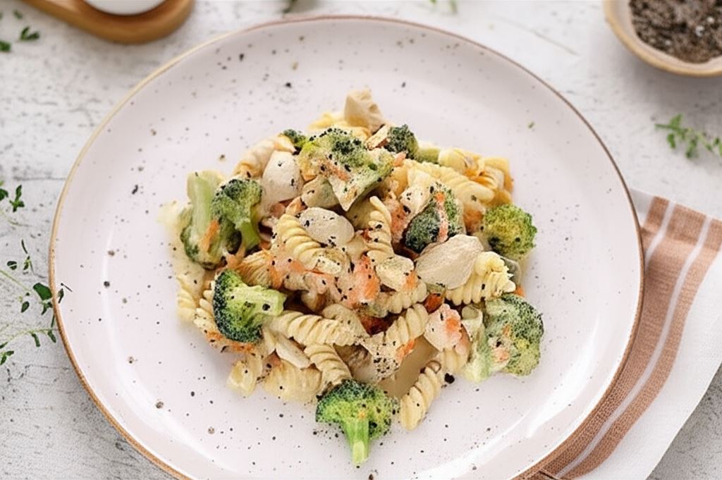 Makaron z kurczakiem i warzywami w sosie śmietanowo-ziołowym