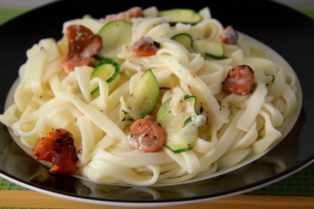 Makaron z kurkami i cukinią