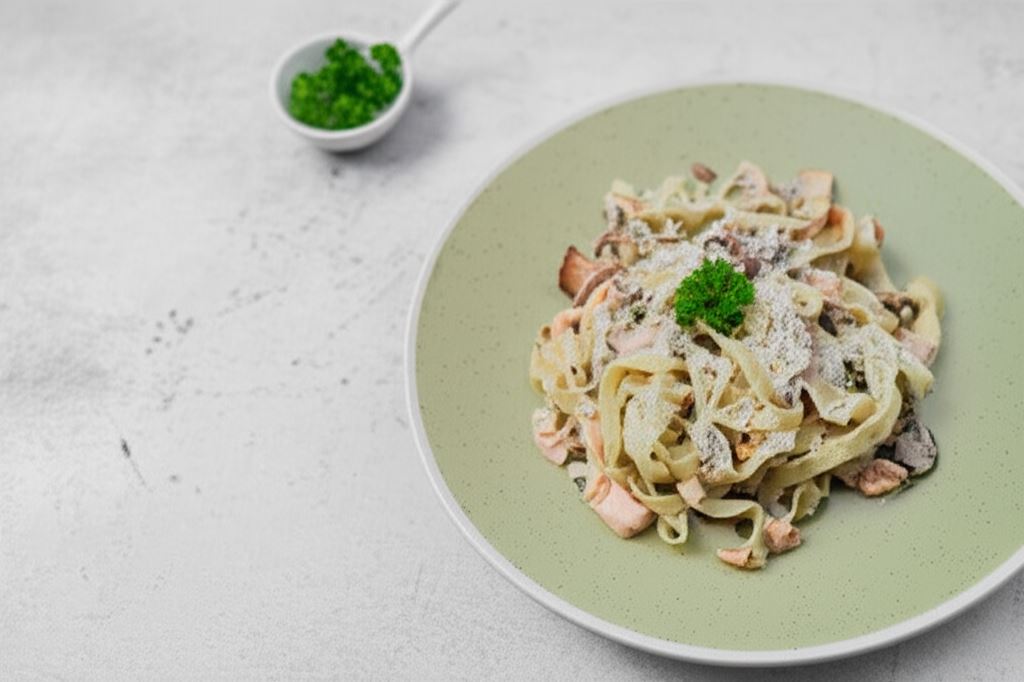 Makaron z łososiem w sosie pieczarkowym