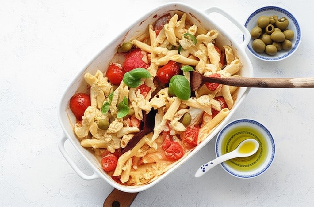 Makaron z pieczoną fetą z pomidorkami