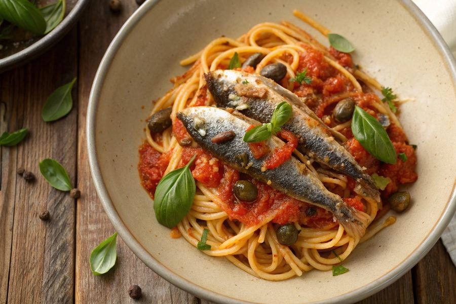 Makaron z sardynkami i pomidorami