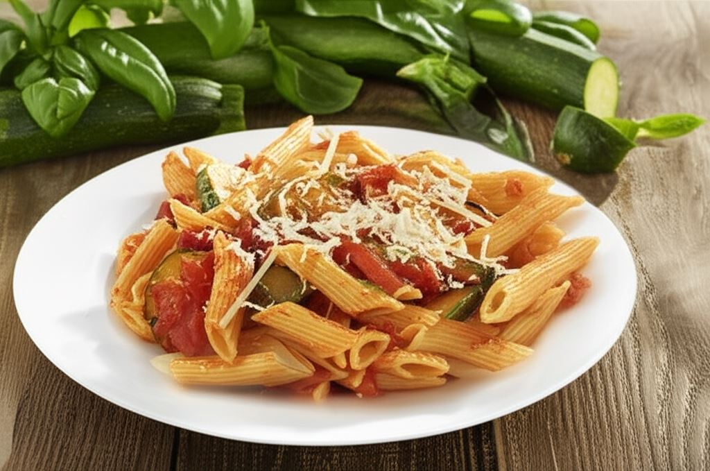 Makaron z sosem pomidorowym i cukinią