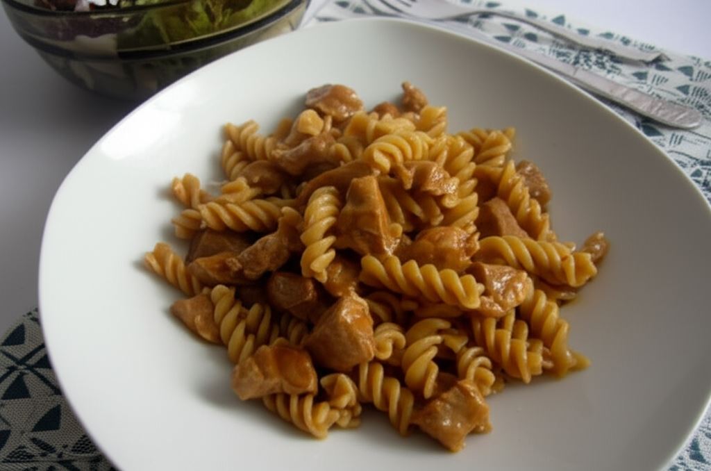 Makaron z szynką w sosie pieczeniowym z winem