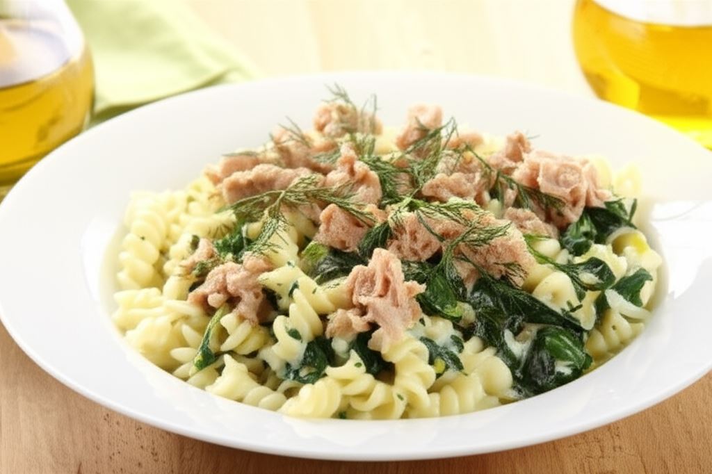 Makaron z tuńczykiem i szpinakiem