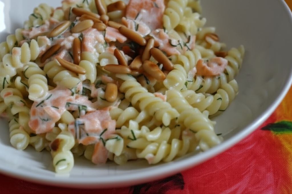 Makaron z wędzonym łososiem w sosie śmietanowo-koperkowym z orzeszkami piniowymi