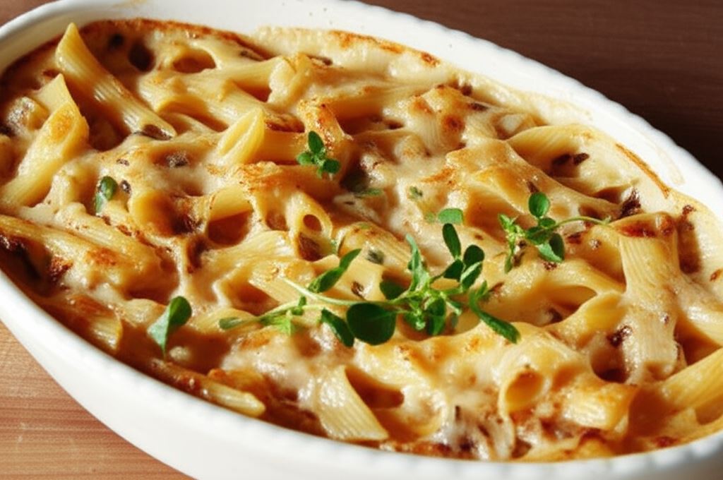 Makaron zapiekany z serem i szynką