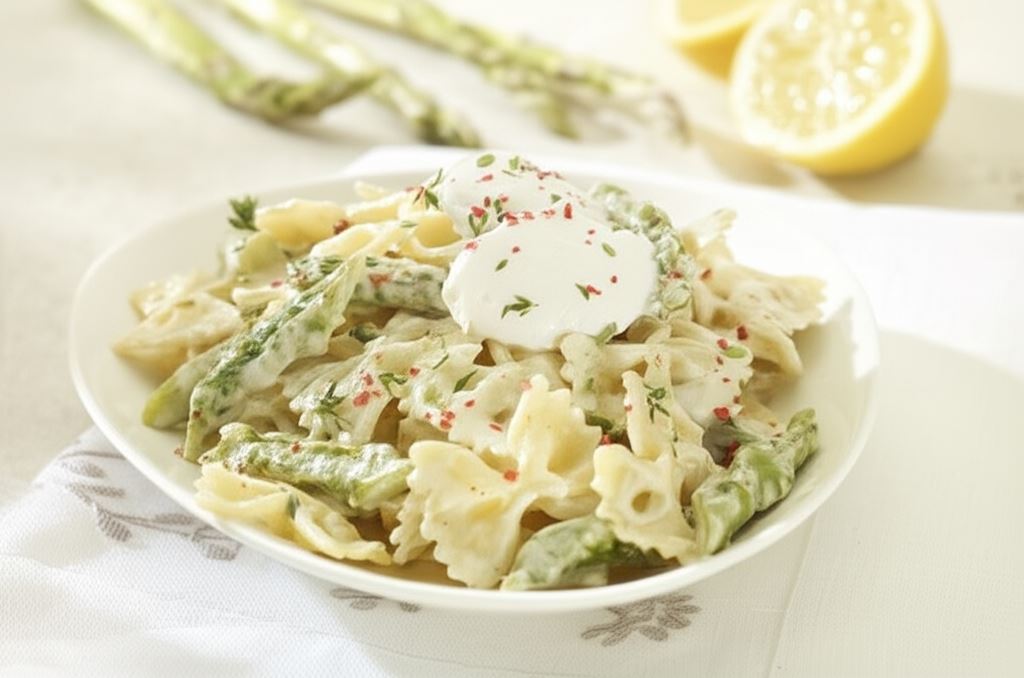 Makaron ze szparagami i kozim serem