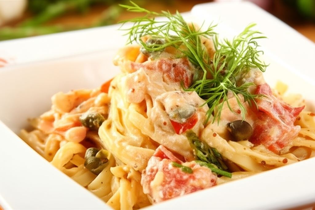 Makaron ze szparagami i wędzonym łososiem