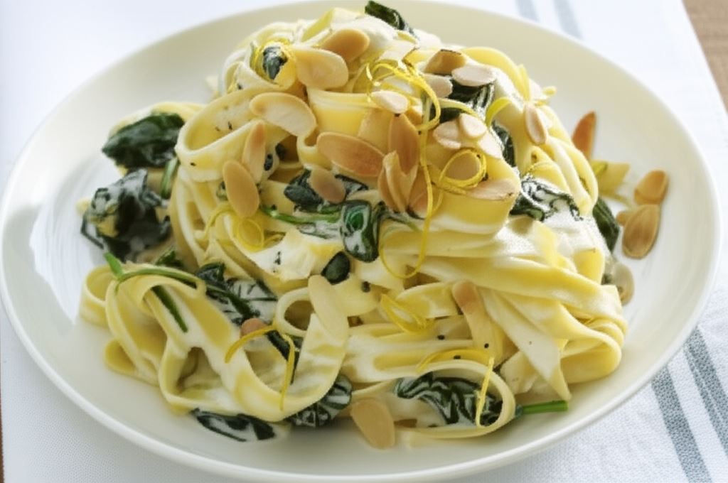 Makaron ze szpinakiem i pieczarkami