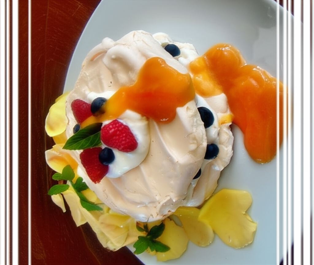 Meryngi (bezy) z borówką amerykańską i sosem brzoskwiniowym.