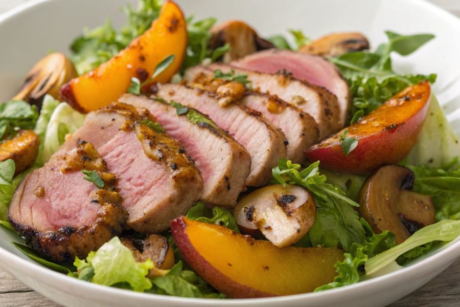 Miks sałatkowy z brzoskwiniami i mięsem kaczki
